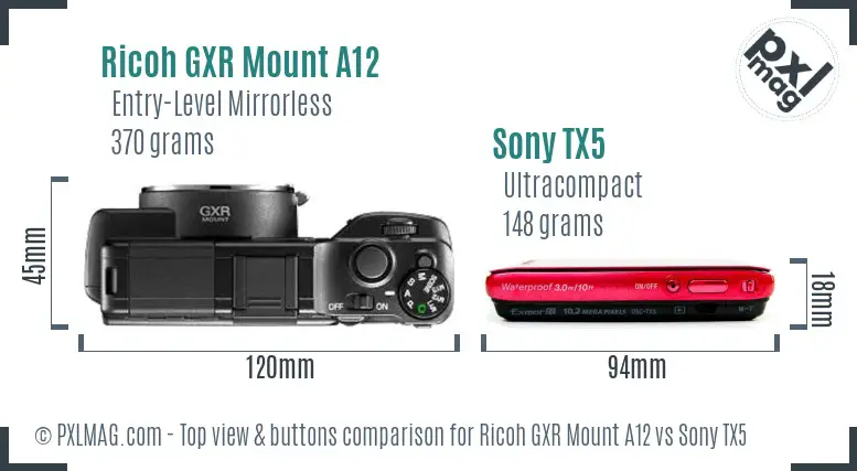 Ricoh GXR Mount A12 vs Sony TX5 top view buttons comparison