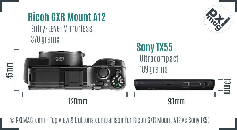 Ricoh GXR Mount A12 vs Sony TX55 top view buttons comparison