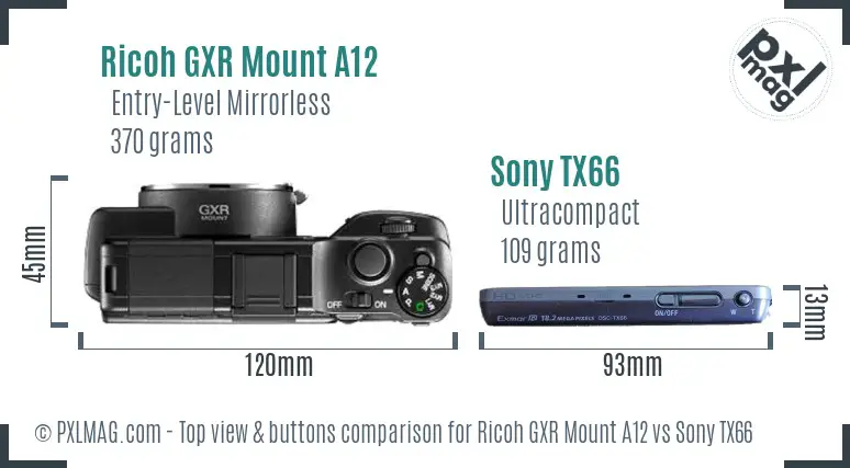 Ricoh GXR Mount A12 vs Sony TX66 top view buttons comparison