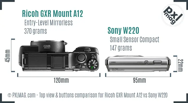 Ricoh GXR Mount A12 vs Sony W220 top view buttons comparison