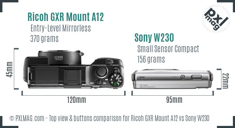 Ricoh GXR Mount A12 vs Sony W230 top view buttons comparison