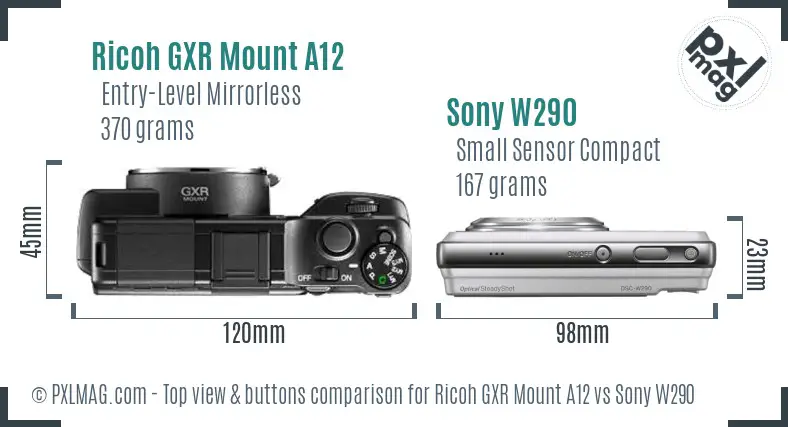 Ricoh GXR Mount A12 vs Sony W290 top view buttons comparison