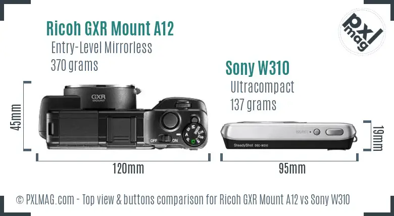 Ricoh GXR Mount A12 vs Sony W310 top view buttons comparison