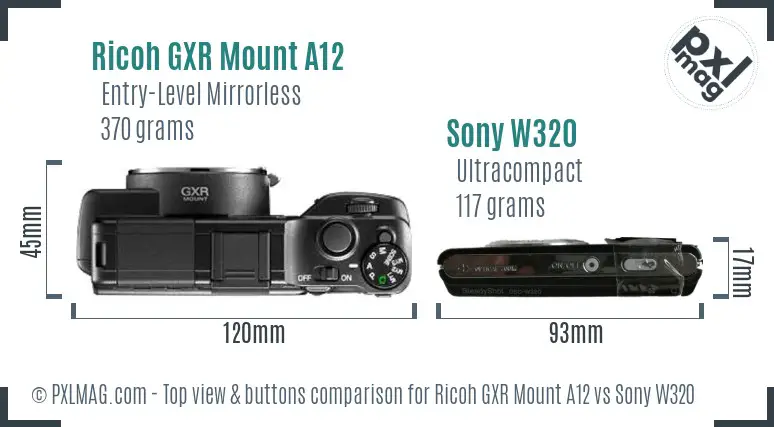 Ricoh GXR Mount A12 vs Sony W320 top view buttons comparison