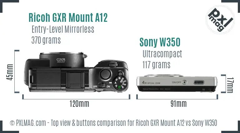 Ricoh GXR Mount A12 vs Sony W350 top view buttons comparison