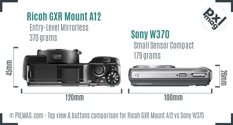 Ricoh GXR Mount A12 vs Sony W370 top view buttons comparison