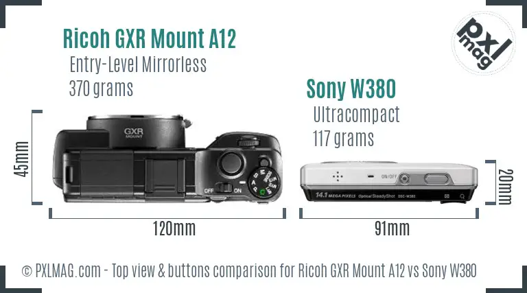Ricoh GXR Mount A12 vs Sony W380 top view buttons comparison
