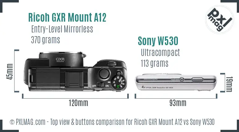 Ricoh GXR Mount A12 vs Sony W530 top view buttons comparison