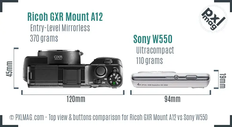 Ricoh GXR Mount A12 vs Sony W550 top view buttons comparison
