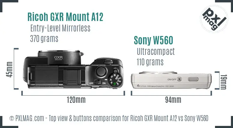 Ricoh GXR Mount A12 vs Sony W560 top view buttons comparison