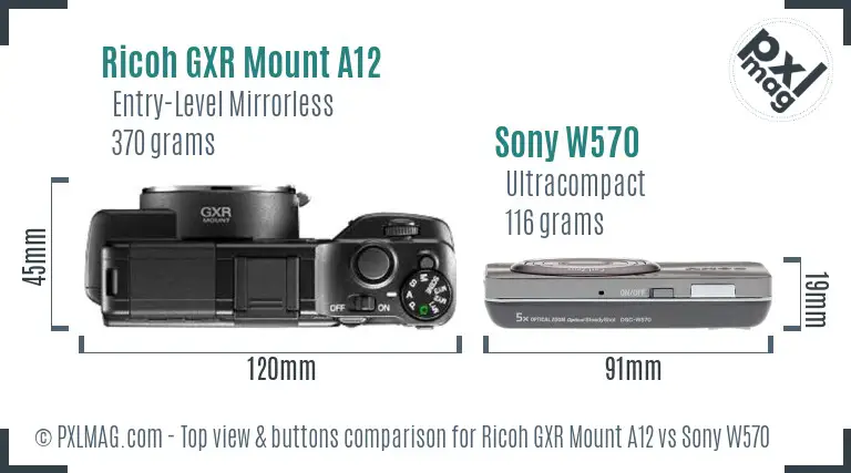 Ricoh GXR Mount A12 vs Sony W570 top view buttons comparison