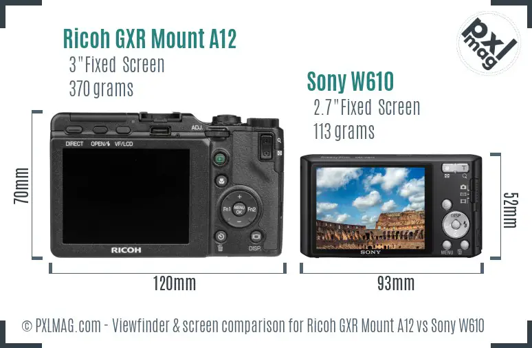 Ricoh GXR Mount A12 vs Sony W610 Screen and Viewfinder comparison