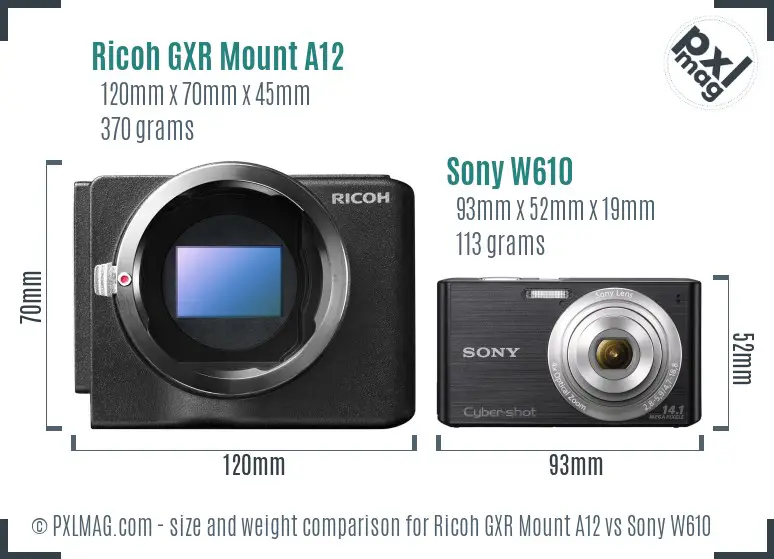 Ricoh GXR Mount A12 vs Sony W610 size comparison