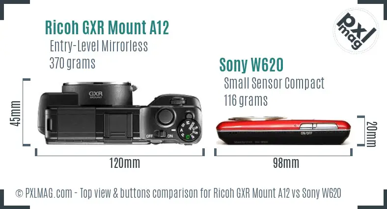 Ricoh GXR Mount A12 vs Sony W620 top view buttons comparison