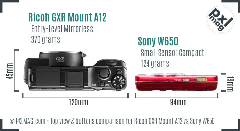Ricoh GXR Mount A12 vs Sony W650 top view buttons comparison