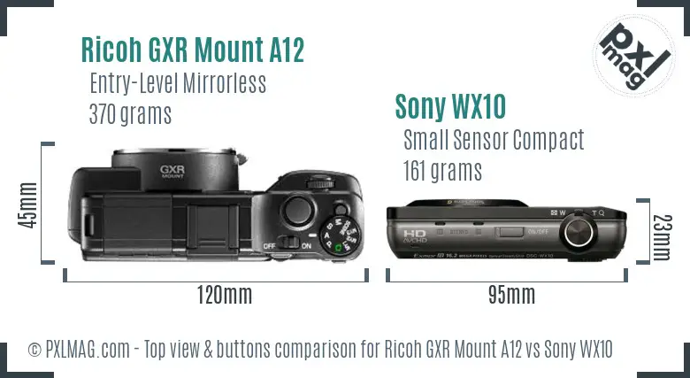 Ricoh GXR Mount A12 vs Sony WX10 top view buttons comparison