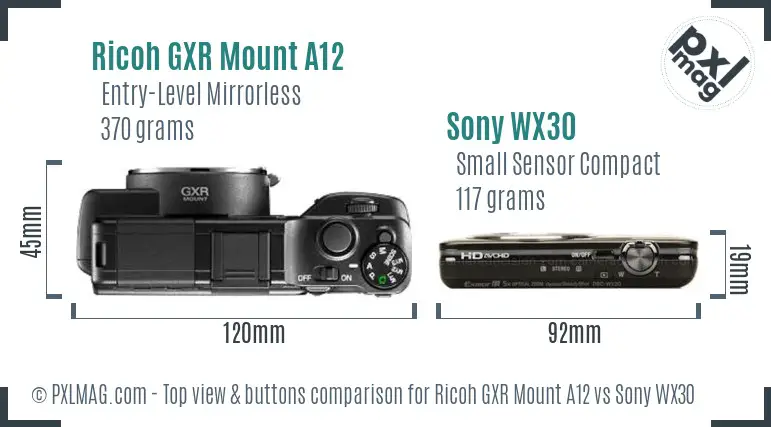 Ricoh GXR Mount A12 vs Sony WX30 top view buttons comparison