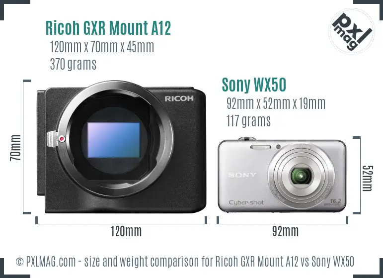 Ricoh GXR Mount A12 vs Sony WX50 size comparison