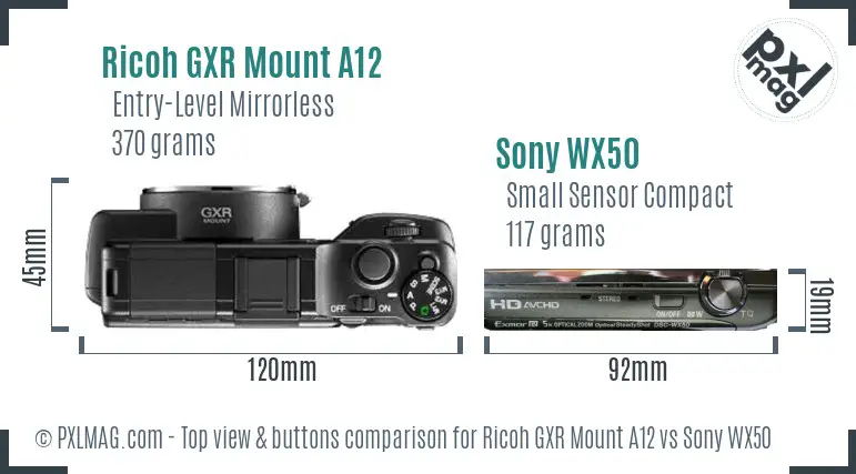 Ricoh GXR Mount A12 vs Sony WX50 top view buttons comparison