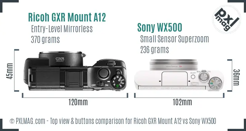 Ricoh GXR Mount A12 vs Sony WX500 top view buttons comparison