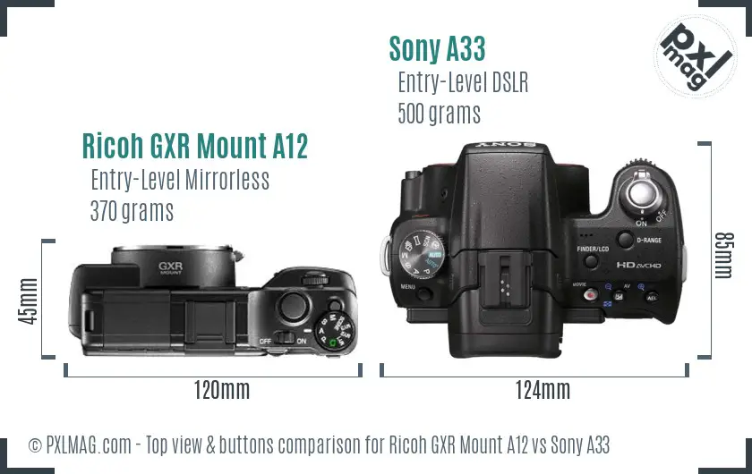 Ricoh GXR Mount A12 vs Sony A33 top view buttons comparison