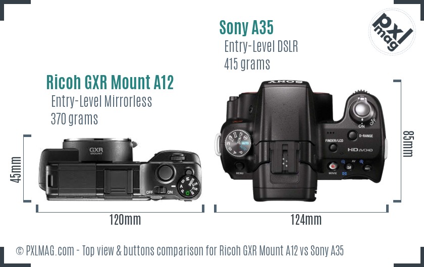 Ricoh GXR Mount A12 vs Sony A35 top view buttons comparison