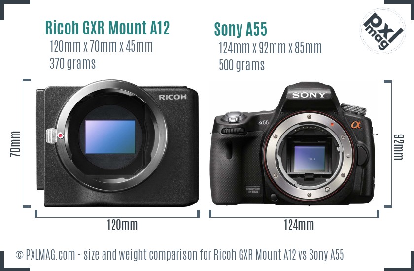 Ricoh GXR Mount A12 vs Sony A55 size comparison