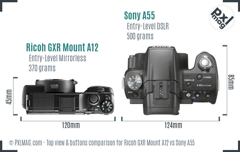 Ricoh GXR Mount A12 vs Sony A55 top view buttons comparison