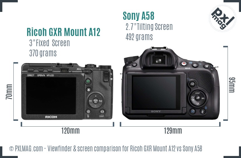 Ricoh GXR Mount A12 vs Sony A58 Screen and Viewfinder comparison
