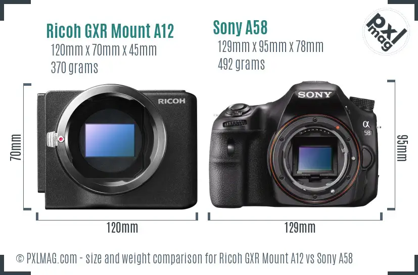 Ricoh GXR Mount A12 vs Sony A58 size comparison
