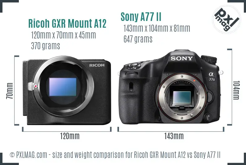 Ricoh GXR Mount A12 vs Sony A77 II size comparison