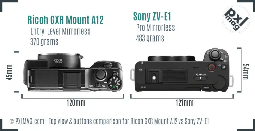 Ricoh GXR Mount A12 vs Sony ZV-E1 top view buttons comparison