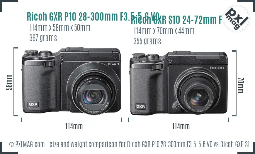 Ricoh GXR P10 28-300mm F3.5-5.6 VC vs Ricoh GXR S10 24-72mm F2.5-4.4 VC size comparison