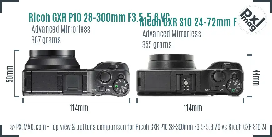 Ricoh GXR P10 28-300mm F3.5-5.6 VC vs Ricoh GXR S10 24-72mm F2.5-4.4 VC top view buttons comparison