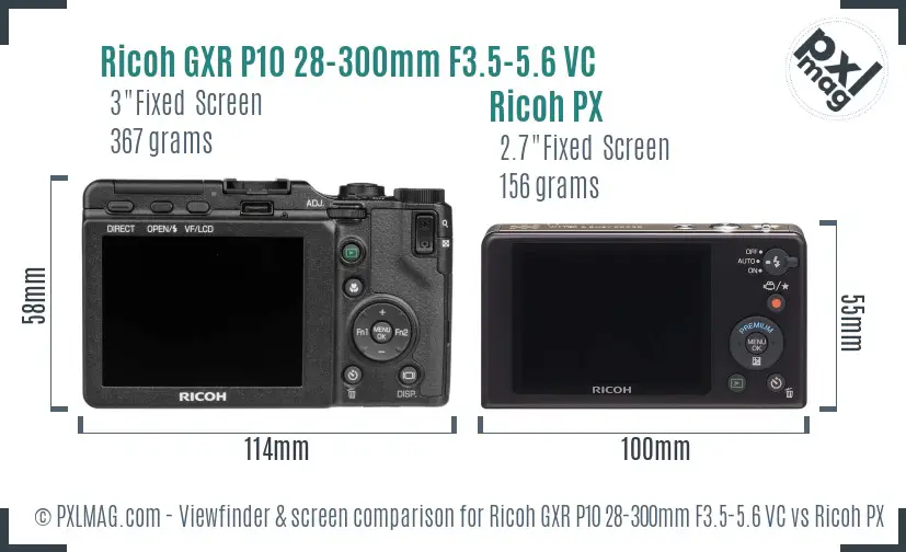 Ricoh GXR P10 28-300mm F3.5-5.6 VC vs Ricoh PX Screen and Viewfinder comparison