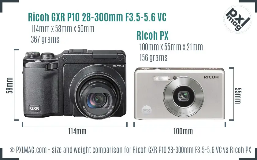 Ricoh GXR P10 28-300mm F3.5-5.6 VC vs Ricoh PX size comparison