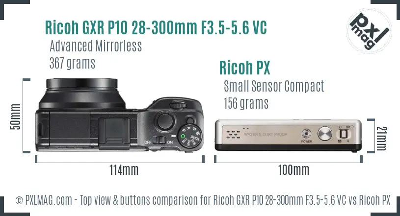 Ricoh GXR P10 28-300mm F3.5-5.6 VC vs Ricoh PX top view buttons comparison