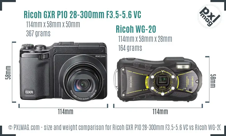 Ricoh GXR P10 28-300mm F3.5-5.6 VC vs Ricoh WG-20 size comparison