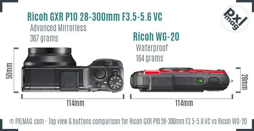 Ricoh GXR P10 28-300mm F3.5-5.6 VC vs Ricoh WG-20 top view buttons comparison