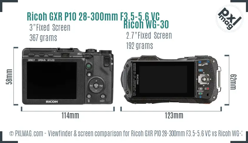 Ricoh GXR P10 28-300mm F3.5-5.6 VC vs Ricoh WG-30 Screen and Viewfinder comparison