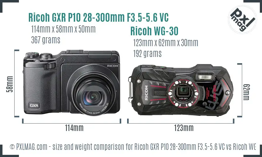 Ricoh GXR P10 28-300mm F3.5-5.6 VC vs Ricoh WG-30 size comparison