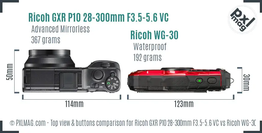 Ricoh GXR P10 28-300mm F3.5-5.6 VC vs Ricoh WG-30 top view buttons comparison