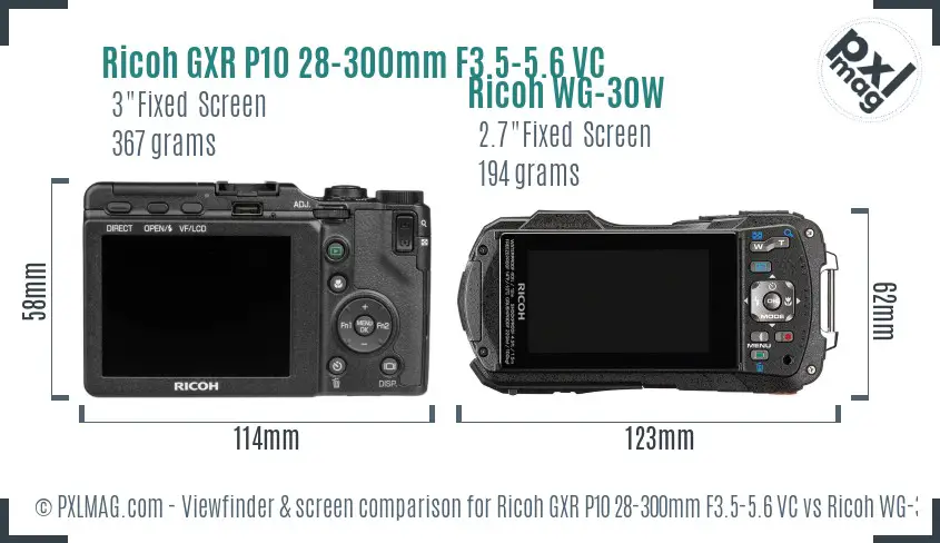 Ricoh GXR P10 28-300mm F3.5-5.6 VC vs Ricoh WG-30W Screen and Viewfinder comparison