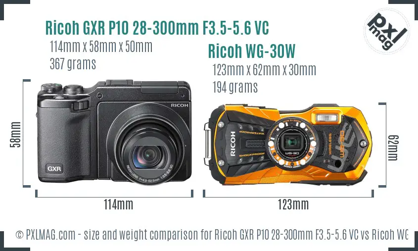 Ricoh GXR P10 28-300mm F3.5-5.6 VC vs Ricoh WG-30W size comparison