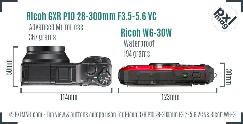 Ricoh GXR P10 28-300mm F3.5-5.6 VC vs Ricoh WG-30W top view buttons comparison