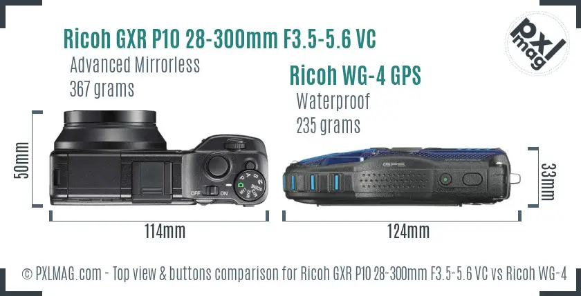 Ricoh GXR P10 28-300mm F3.5-5.6 VC vs Ricoh WG-4 GPS top view buttons comparison