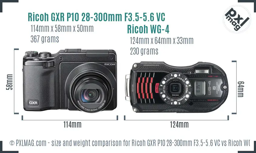 Ricoh GXR P10 28-300mm F3.5-5.6 VC vs Ricoh WG-4 size comparison