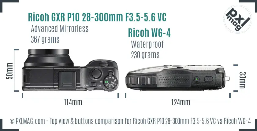Ricoh GXR P10 28-300mm F3.5-5.6 VC vs Ricoh WG-4 top view buttons comparison