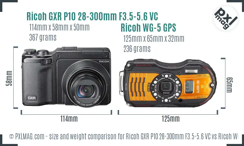 Ricoh GXR P10 28-300mm F3.5-5.6 VC vs Ricoh WG-5 GPS size comparison