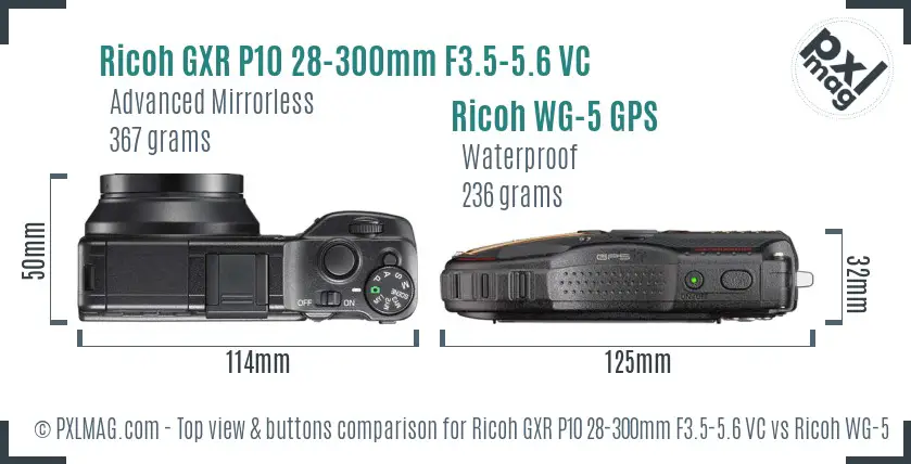 Ricoh GXR P10 28-300mm F3.5-5.6 VC vs Ricoh WG-5 GPS top view buttons comparison